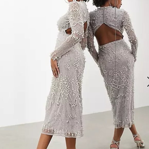ASOS EDITION pearl embellished bodycon midi dress with cut-out back in p… - Picture 5 of 5